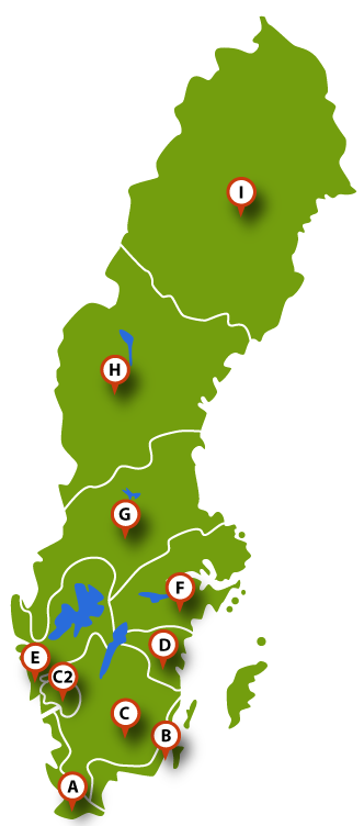 Sverigekarta med markerade ställen för skörderapport